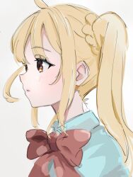 Rule 34 | 1girl, ahoge, blonde hair, bocchi the rock!, bow, bowtie, braid, braided ponytail, close-up, collared shirt, commentary, from side, highres, ijichi nijika, light blush, light brown background, long hair, looking ahead, parted bangs, parted lips, polka dot, polka dot bow, polka dot bowtie, red bow, red bowtie, red eyes, revision, shirt, side ponytail, sidelocks, simple background, solo, ukitaryu, upper body, white shirt