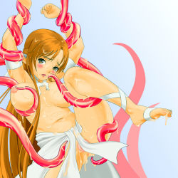 Rule 34 | 10s, 1girl, arms up, asuna (sao), barefoot, blush, breasts, brown hair, cum, cum on body, feet, leg lift, looking at viewer, navel, nipples, noobcake, partially visible vulva, pointy ears, sword art online, tentacles