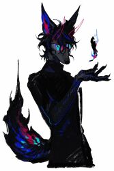 Rule 34 | 1boy, absurdres, aqua-tinted eyewewar, black fur, black hair, blue eyes, blue fire, claws, commentary, dog boy, english commentary, feathers, fire, floating, furry, furry male, glasses, hand up, highres, horns, levitation, long sleeves, looking at viewer, male focus, nightcrow, oni horns, original, rimless eyewear, scales, simple background, sleeves rolled up, solo, translucent horns, turtleneck, white background, wolf boy