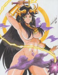 Rule 34 | 1girl, 2023, armlet, black hair, breasts, censored, commission, earrings, hair on breasts, holding, holding weapon, jewelry, kid icarus, large breasts, long hair, navel, navel piercing, nintendo, nude, palutena, piercing, ravernclouk design, simple background, smoke, solo, thunder, weapon