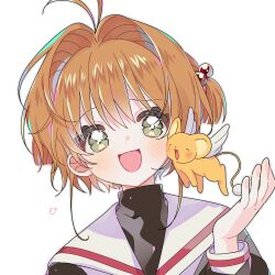 1girl :3 antenna_hair blush brown_hair cardcaptor_sakura cheek-to-cheek closed_eyes green_eyes hair_bobbles hair_intakes hair_ornament hair_tie hand_up heads_together highres kero_(cardcaptor_sakura) kinomoto_sakura long_sleeves open_mouth school_uniform short_hair short_twintails sidelocks simple_background smile tail tomoeda_elementary_school_uniform twintails upper_body white_background white_wings wings yalmyu