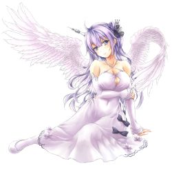 Rule 34 | 1girl, aged up, ahoge, amderxamder, azur lane, blush, breasts, cleavage, covered navel, dress, feathered wings, hair bun, hair ribbon, head tilt, highres, large breasts, long hair, looking at viewer, purple eyes, purple hair, ribbon, shoes, side bun, simple background, single hair bun, single side bun, sitting, solo, thighhighs, unicorn (azur lane), very long hair, white background, white dress, white footwear, white thighhighs, white wings, wings, yokozuwari