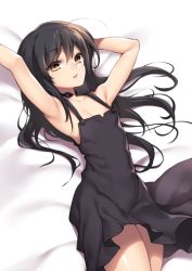 Rule 34 | 10s, 1girl, accel world, ahoge, armpits, bare shoulders, bed sheet, black dress, black hair, brown eyes, collarbone, dress, flat chest, from above, fuya (tempupupu), kuroyukihime, legs together, long hair, looking at viewer, looking up, sleeveless, sleeveless dress, solo, thighs