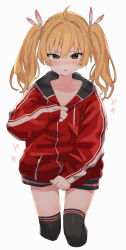 Rule 34 | 1girl, absurdres, ahoge, black thighhighs, blonde hair, blue archive, blush, brown eyes, commentary, cropped legs, hair between eyes, hair ribbon, highres, jacket, long hair, long sleeves, looking at viewer, nose blush, red jacket, ribbon, simple background, solo, sweat, thighhighs, track jacket, twintails, white background, yamada seimei, yoshimi (blue archive)