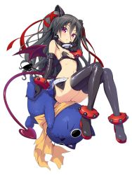 Rule 34 | 1girl, anklet, black choker, black footwear, black gloves, black hair, blush, boots, bracelet, character request, choker, cosplay, demon girl, demon tail, demon wings, disgaea, earrings, elbow gloves, etna (disgaea), etna (disgaea) (cosplay), flat chest, full body, gloves, hair ribbon, highres, himekawa ayuri, jewelry, long bangs, long hair, looking at viewer, navel, non-web source, o-ring, o-ring choker, parted lips, photoshop (medium), pink hair, prinny, prinny (cosplay), red tail, red wings, ribbon, simple background, skull earrings, solo, strapless, tail, thigh boots, thighhighs, two side up, venus eleven vivid!, white background, wings