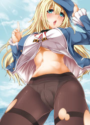 Rule 34 | 10s, 1girl, atago (kancolle), ayakase riberi, blonde hair, blue eyes, blue hat, breasts, crotch seam, hat, kantai collection, large breasts, long hair, military, military uniform, open mouth, panties, panties under pantyhose, pantyhose, personification, solo, thighband pantyhose, torn clothes, torn pantyhose, underwear, uniform