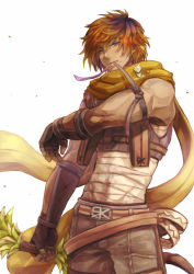 Rule 34 | 1boy, arm guards, bandages, belt, belt buckle, blue eyes, bow (weapon), brown gloves, brown shorts, brown vest, buckle, cowboy shot, fingerless gloves, gloves, hair between eyes, holding, holding bow (weapon), holding weapon, long scarf, looking at viewer, male focus, misuguu, mole, mole under mouth, mouth hold, muscular, orange hair, pin, ragnarok online, ranger (ragnarok online), scarf, short hair, shorts, simple background, sleeveless, solo, standing, tourniquet, utility belt, vest, weapon, white background, yellow scarf