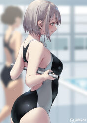Rule 34 | 2girls, blue eyes, blurry, blurry background, blush, breasts, closed mouth, commentary request, competition swimsuit, grey hair, indoors, jonsun, medium breasts, multiple girls, one-piece swimsuit, original, pool, riku (jonsun), short hair, sidelocks, solo focus, swimsuit, thighs, twitter username, wet, wet clothes, wet swimsuit