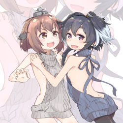 Rule 34 | 10s, 2girls, :d, aran sweater, asamori, backless dress, backless outfit, bare back, black hair, black legwear, blue sweater, blush, breasts, brown eyes, brown hair, butt crack, cable knit, commentary request, dress, fang, grey sweater, halterneck, kantai collection, looking at viewer, lowleg, lowleg pantyhose, meme attire, multicolored hair, multiple girls, naked sweater, open mouth, pantyhose, short hair, short hair with long locks, sideboob, small breasts, smile, sweater, sweater dress, tokitsukaze (kancolle), turtleneck, turtleneck sweater, two-tone hair, virgin killer sweater, yukikaze (kancolle), zoom layer