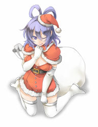 Rule 34 | 1girl, :q, ;q, akagashi hagane, belt, blue eyes, blue hair, boots, breasts, christmas, cleavage, dress, elbow gloves, gloves, grin, hair rings, hat, kaku seiga, kneeling, matching hair/eyes, one eye closed, sack, santa costume, santa hat, smile, solo, thigh boots, thighhighs, tongue, tongue out, touhou, white gloves, wink