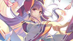 Rule 34 | 1girl, blush, bow, closed mouth, commentary request, gradient background, grey background, hair bow, hair tubes, hakama, hakama skirt, hakurei reimu, highres, japanese clothes, kimono, long hair, long sleeves, looking at viewer, miko, ofuda, outstretched arm, purple eyes, purple hair, red bow, ribbon-trimmed sleeves, ribbon trim, sidelocks, skirt, smile, solo, touhou, very long hair, white background, white kimono, wide sleeves, yuuka nonoko