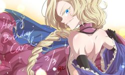 Rule 34 | 1girl, back, backless dress, backless outfit, bare shoulders, blonde hair, blue eyes, capelet, carol malus dienheim, dated, dress, elbow gloves, from behind, gloves, happy birthday, long hair, looking at viewer, looking back, off shoulder, parted lips, senki zesshou symphogear, shiny skin, shoulder blades, smile, solo, stc, teeth
