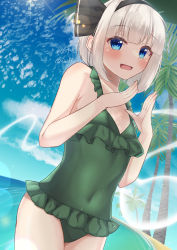 Rule 34 | 1girl, beach, blue eyes, blue sky, bob cut, casual one-piece swimsuit, cloud, cowboy shot, day, closed eyes, flat chest, frilled swimsuit, frills, green one-piece swimsuit, konpaku youmu, looking at viewer, one-piece swimsuit, outdoors, palm tree, rital, short hair, sky, solo, swimsuit, touhou, tree, water, white hair