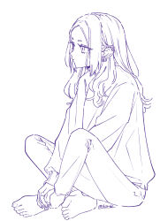 Rule 34 | 1girl, barefoot, commentary request, ear piercing, earrings, full body, highres, indian style, jewelry, long hair, long sleeves, monochrome, original, pants, piercing, sakashima 0822, sidelocks, signature, simple background, sitting, solo, sweater