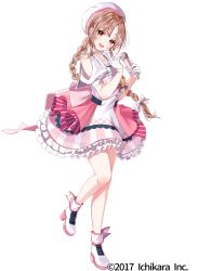 Rule 34 | 1girl, blush, brown eyes, dress, frilled skirt, frills, full body, gloves, half gloves, highres, holding, holding microphone, light brown hair, looking at viewer, microphone, misumi (macaroni), nijisanji, official art, open mouth, pink dress, puffy short sleeves, puffy sleeves, short sleeves, simple background, sister claire, skirt, smile, solo, standing, standing on one leg, virtual youtuber, watermark, white background, white footwear, white gloves