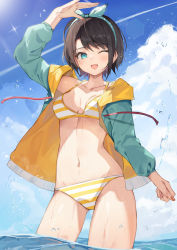 Rule 34 | 1girl, absurdres, bikini, black hair, blue eyes, blush, bow, breasts, hair ornament, hair ribbon, highres, hololive, jacket, looking at viewer, medium breasts, navel, oozora subaru, oozora subaru (hololive summer 2019), open mouth, ribbon, short hair, smile, solo, striped bikini, striped clothes, swimsuit, taht (that is mm), virtual youtuber