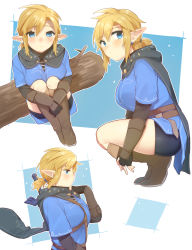 Rule 34 | 1girl, absurdres, black cape, blonde hair, blue background, blue shirt, blue shorts, blush, boots, breasts, brown footwear, brown gloves, cape, commentary request, earrings, fingerless gloves, genderswap, genderswap (mtf), gloves, highres, hood, hood down, hooded cape, jewelry, knee boots, large breasts, link, looking at viewer, looking to the side, nintendo, pointy ears, ponytail, shirt, shorts, solo, the legend of zelda, the legend of zelda: breath of the wild, ttanuu., white background