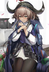 Rule 34 | 1girl, absurdres, animal ears, arknights, belt, belt pouch, black coat, black pantyhose, blue shirt, blush, bottle, brown hair, closed mouth, coat, coat on shoulders, cow ears, cow girl, cow horns, cowboy shot, flower, green eyes, hand on own wrist, highres, horns, long sleeves, miniskirt, open clothes, open coat, pallas (arknights), pantyhose, penguin4, petals, pleated skirt, pouch, red flower, red rose, rose, shirt, short hair with long locks, sidelocks, simple background, sitting, skirt, smile, solo, thighs, veil, white background, white skirt