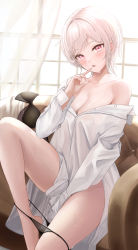 Rule 34 | 1girl, absurdres, bad id, bad twitter id, bare shoulders, barefoot, between legs, black bra, black panties, blush, bra, unworn bra, breasts, cleavage, collared shirt, couch, dress shirt, hand between legs, highres, index finger raised, indoors, knee up, kottungyang, long shirt, long sleeves, medium breasts, mole, mole under eye, off shoulder, on couch, open mouth, original, panties, panty pull, partially unbuttoned, red eyes, revision, see-through, shirt, short hair, sitting, solo, sweat, thighs, underwear, white hair, white shirt