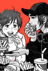 Rule 34 | 2boys, baseball cap, burger, cellphone, cup, disposable cup, drinking straw, eating, food, freckles, french fries, greyscale, greyscale with colored background, hat, headphones, headphones around neck, highres, ji guang-hong, koizumi riu, leo de la iglesia, male focus, monochrome, multiple boys, open mouth, orange background, phone, red background, smartphone, smile, sweater, turtleneck, turtleneck sweater, yuri!!! on ice