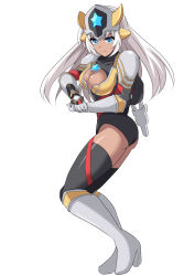 Rule 34 | 1girl, armor, ass, black leotard, black thighhighs, blue eyes, boots, bracelet, breasts, cleavage, cross (crossryou), dark skin, flexing, gloves, gold armor, grey armor, grey footwear, grey gloves, headgear, high heels, horns, jewelry, charm (object), knee boots, large breasts, leotard, long hair, looking at viewer, muscular, personification, red leotard, shoulder pads, standing, star (symbol), taiga spark, thighhighs, ultra series, ultra taiga accessory, ultraman taiga (series), ultraman titas, white background, white hair