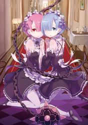 Rule 34 | 10s, 2girls, apron, ball and chain (weapon), blue eyes, blue hair, blunt bangs, blush, bow, breasts, candle, cart, chain, checkered floor, cleaned, cup, detached sleeves, female focus, frilled legwear, frills, from side, full body, hair ornament, hair over one eye, hair ribbon, hairclip, hallway, headdress, highres, holding hands, indoors, interlocked fingers, kneeling, lamp, looking at viewer, looking back, maid, maid apron, maid headdress, mary janes, matching hair/eyes, multiple girls, official art, on floor, one eye covered, ootsuka shin&#039;ichirou, painting (object), pantyhose, parted lips, pink eyes, pink hair, puffy sleeves, ram (re: life), ram (re:zero), re: life in a different world from zero, re:zero kara hajimeru isekai seikatsu, red eyes, rem (re: life), rem (re:zero), ribbon, ribbon trim, saucer, shoes, short hair, siblings, sisters, skirt, small breasts, spiked ball and chain, tea set, teacup, teapot, tray, twins, waist apron, white legwear