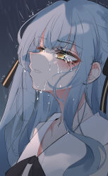 1girl absurdres bang_dream! bang_dream!_it&#039;s_mygo!!!!! black_ribbon blue_hair braid commentary crying crying_with_eyes_open hair_ribbon hashtag-only_commentary highres long_hair neck_ribbon open_mouth patpang rain ribbon sidelocks solo tears togawa_sakiko unfinished upper_body yellow_eyes