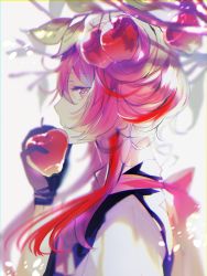 Rule 34 | androgynous, apple, food, fruit, gender request, streaked hair, highres, holding, long hair, looking to the side, multicolored hair, original, pink eyes, poni (rito), profile, purple hair, solo, solo focus, tree, branch