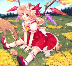 Rule 34 | 1girl, animal, ascot, bird, blonde hair, blouse, cetera, day, deer, embodiment of scarlet devil, female focus, flandre scarlet, flower, frilled socks, frills, grass, happy, hat, highres, looking at viewer, mary janes, mob cap, mountain, multicolored eyes, nature, open mouth, orange eyes, rabbit, shirt, shoes, short hair, side ponytail, sitting, sky, smile, socks, solo, squirrel, touhou, white hat, white shirt, white socks, wings, yellow eyes