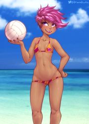 Rule 34 | 1girl, absurdres, ball, beach, bikini, cutie mark, drizziedoodles, ear piercing, female focus, highres, holding, holding ball, humanization, micro bikini, my little pony, nail polish, piercing, scootaloo, sweat, swimsuit, tooth gap, volleyball (object)