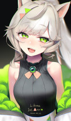 Rule 34 | 1girl, animal ears, bad id, bad pixiv id, bare shoulders, black background, black shirt, blush, character request, check character, dated, fox ears, green eyes, highres, open mouth, ponytail, rsk (tbhono), shirt, sleeveless, sleeveless shirt, smile, solo, touhoku itako, upper body, utau