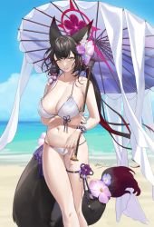 Rule 34 | 1girl, absurdres, animal ear fluff, animal ears, beach, beads, bikini, black hair, blue archive, bow, breast hold, breasts, commentary request, flower, fox ears, fox girl, fox tail, hair bow, hair flower, hair ornament, highres, holding, holding umbrella, large breasts, looking at viewer, navel, nostrils, oil-paper umbrella, outdoors, parted lips, red hair, rope, sagging breasts, shadow, signature, solo, standing, swimsuit, tail, thigh strap, two side up, umbrella, wakamo (blue archive), wanren (whter11), white bikini, yellow eyes, ||/