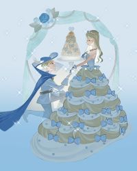 Rule 34 | 1boy, 1girl, blue background, blue bow, blue cape, blue eyes, blue gloves, blue headwear, bow, brown hair, cake, cape, croquembouche, dress bow, feathers, food, gloves, gradient background, highres, long hair, mu mashu, original, parted lips, short hair, smile, white feathers