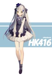 Rule 34 | 1girl, aged down, alternate hairstyle, bad id, bad pixiv id, black ribbon, blue background, blue hat, blush, bow, bowtie, character name, checkered bow, checkered bowtie, checkered clothes, checkered neckwear, closed mouth, dress, facial mark, full body, girls&#039; frontline, green eyes, hair ornament, hair ribbon, hairband, hat, head tilt, highres, hk416 (black kitty&#039;s gift) (girls&#039; frontline), hk416 (girls&#039; frontline), light particles, loafers, long hair, looking at viewer, mini hat, no.aei, official alternate costume, puffy sleeves, purple hat, ribbed legwear, ribbon, shoes, sidelocks, silver hair, skirt hold, socks, solo, standing, teardrop, thighs, twintails, twitter username