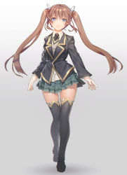 Rule 34 | 1girl, arms at sides, black footwear, black thighhighs, blazer, blue eyes, brown hair, full body, gradient background, green skirt, jacket, joeian, loafers, long hair, looking at viewer, original, school uniform, shoes, skirt, solo, thighhighs, twintails