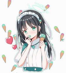 Rule 34 | 1girl, absurdres, airi (blue archive), alternate costume, black hair, blue archive, blush, chinese commentary, commentary request, enmaided, food, food-themed hair ornament, green eyes, green halo, hair ornament, halo, heart, highres, holding, holding food, holding ice cream, holding ice cream cone, ice cream, ice cream cone, ice cream hair ornament, long hair, looking at viewer, maid, maid headdress, puffy short sleeves, puffy sleeves, short sleeves, simple background, solo, white background, yunduan tianshang de long yt