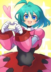 Rule 34 | 1girl, ahoge, blue eyes, blush, breasts, character request, green hair, heart, heart hands, highres, large breasts, medium hair, mega man (series), mega man x (series), open mouth, smile, solo, tobitori