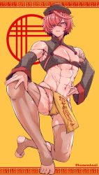 Rule 34 | 1boy, abs, blush, bulge, chinese clothes, fate (series), fundoshi, fuuma kotarou (fate), hat, highres, japanese clothes, kamenakake, looking at viewer, male focus, muscular, muscular male, nipples, red eyes, red hair, see-through, short hair, solo, tattoo, testicles, thighhighs, yellow background