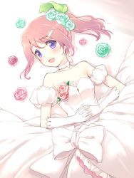 Rule 34 | 1girl, :d, bare shoulders, blush, bow, bride, choker, collarbone, cowboy shot, dress, elbow gloves, flower, gloves, green flower, green rose, hair flower, hair ornament, hairclip, own hands clasped, looking at viewer, lying, mitsuki meia, on back, open mouth, own hands together, pink hair, ponytail, purple eyes, rose, sara (tales), short hair, smile, solo, strapless, strapless dress, tales of (series), tales of link, wedding dress, white bow, white dress, white gloves
