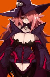 Rule 34 | 1girl, black sclera, blazblue, breasts, cleavage, colored sclera, dress, galadysp, hair over one eye, hat, highres, huge breasts, konoe a. mercury, long hair, looking at viewer, mature female, orange eyes, pink hair, short dress, tight clothes, tight dress, very long hair, witch hat