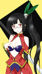 Rule 34 | 1girl, absurdres, arc system works, bare shoulders, black bra, black hair, blazblue, blazblue: calamity trigger, bra, breasts, china dress, chinese clothes, cleavage, dress, female focus, glasses, highres, lao jiu, lingerie, litchi faye ling, long hair, ponytail, red eyes, simamo, solo, staff, underwear