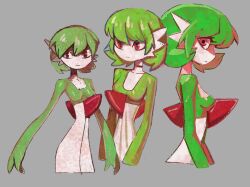 black_choker bob_cut calmnivore choker colored_skin creatures_(company) dress game_freak gardevoir gen_3_pokemon green_hair green_skin grey_background highres multicolored_skin multiple_views nintendo pink_eyes pokemon pokemon_(creature) simple_background two-tone_skin white_dress white_skin