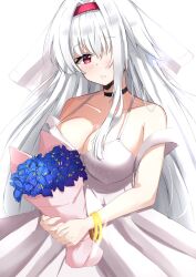 Rule 34 | 1girl, azur lane, blush, bouquet, bracelet, breasts, choker, cleavage, colorado (azur lane), dress, flower, hair ornament, hair over one eye, highres, iris (flower), jewelry, large breasts, long hair, looking at viewer, non-web source, open mouth, red eyes, simple background, solo, wedding dress, white background, white dress, white hair