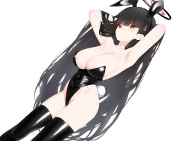 Rule 34 | 1girl, absurdres, alternate costume, animal ears, armpits, arms behind head, arms up, bare shoulders, black hair, black leotard, blue archive, breasts, cleavage, fake animal ears, fake tail, hair ornament, hairband, highleg, highleg leotard, highres, large breasts, leotard, long hair, looking at viewer, mochirong, playboy bunny, rabbit ears, rabbit tail, red eyes, rio (blue archive), simple background, solo, strapless, tail, thighhighs, thighs, very long hair, white background