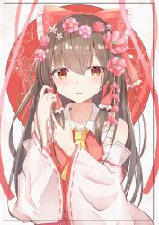 Rule 34 | 1girl, absurdres, arms up, ascot, black border, border, brown eyes, brown hair, collarbone, detached sleeves, expressionless, flower, hair between eyes, hair flower, hair ornament, hair ribbon, hair tubes, hakurei reimu, highres, iyo (ya na kanji), long hair, looking at viewer, parted lips, red sun, red vest, ribbon, ribbon-trimmed sleeves, ribbon trim, sidelocks, solo, standing, touhou, upper body, very long hair, vest, yellow ascot