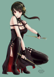 Rule 34 | 1girl, aqua background, black hair, black thighhighs, boots, breasts, cleavage, dagger, dress, full body, gold hairband, hairband, high heel boots, high heels, highres, holding, holding dagger, holding knife, holding weapon, knife, pinup (style), red soles, shoes, simple background, spy x family, stiletto (weapon), thighhighs, thighs, two-sided dress, two-sided fabric, weapon, yor briar