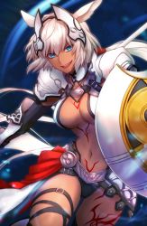 Rule 34 | 1girl, :d, absurdres, animal ears, armor, bikini, black gloves, black thighhighs, blue background, blue eyes, body markings, breasts, caenis (fate), cleavage, collarbone, commentary request, cowboy shot, dark-skinned female, dark skin, elbow gloves, fate/grand order, fate (series), faulds, gauntlets, gloves, groin, hair between eyes, hair intakes, hairband, headpiece, highleg, highleg bikini, highleg bikini bottom, highres, holding, holding polearm, holding shield, holding weapon, kankitsurui (house of citrus), large breasts, leg belt, long hair, looking at viewer, midriff, navel, open mouth, pauldrons, polearm, ponytail holder, shield, shoulder armor, sidelocks, single thighhigh, smile, solo, standing, swimsuit, tattoo, teeth, thigh strap, thighhighs, upper teeth only, very long hair, weapon, white hair