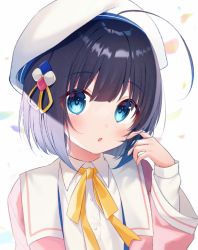 Rule 34 | 1girl, ahoge, alternate hair length, alternate hairstyle, beret, black hair, blue eyes, blush, collared shirt, commentary request, gyozanuko, hand up, hat, highres, hinatsuru ai, jacket, looking at viewer, neck ribbon, open clothes, open jacket, parted lips, pink jacket, ribbon, ryuuou no oshigoto!, shirt, simple background, solo, white background, white hat, white shirt, yellow ribbon