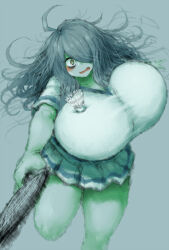 Rule 34 | 1girl, 2b-ge, ahoge, badminton, badminton racket, badminton uniform, bags under eyes, blush, bouncing breasts, breasts, eyelashes, female focus, green theme, grey background, hair over one eye, highres, holding, holding racket, huge breasts, legs, limited palette, long hair, looking at viewer, mei (2b-ge), open mouth, original, poking, racket, shuttlecock, solo, spot color, surprised, taut clothes, thick thighs, thighs