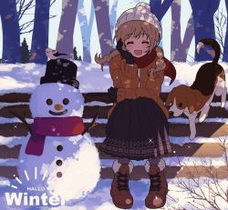 Rule 34 | 1girl, arisa (aren), beanie, black skirt, blonde hair, boots, braid, brown coat, brown footwear, closed eyes, coat, dog, english text, facing viewer, full body, hand up, hat, long hair, long sleeves, open mouth, original, outdoors, red scarf, scarf, sitting, skirt, smile, snow, snowman, solo, sparkle, tree, twin braids, white hat